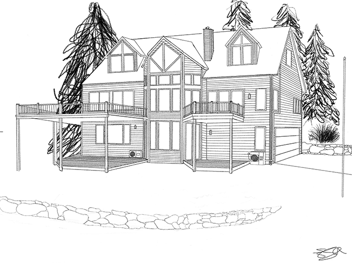 A drawing in black and white of a two story house with big windows