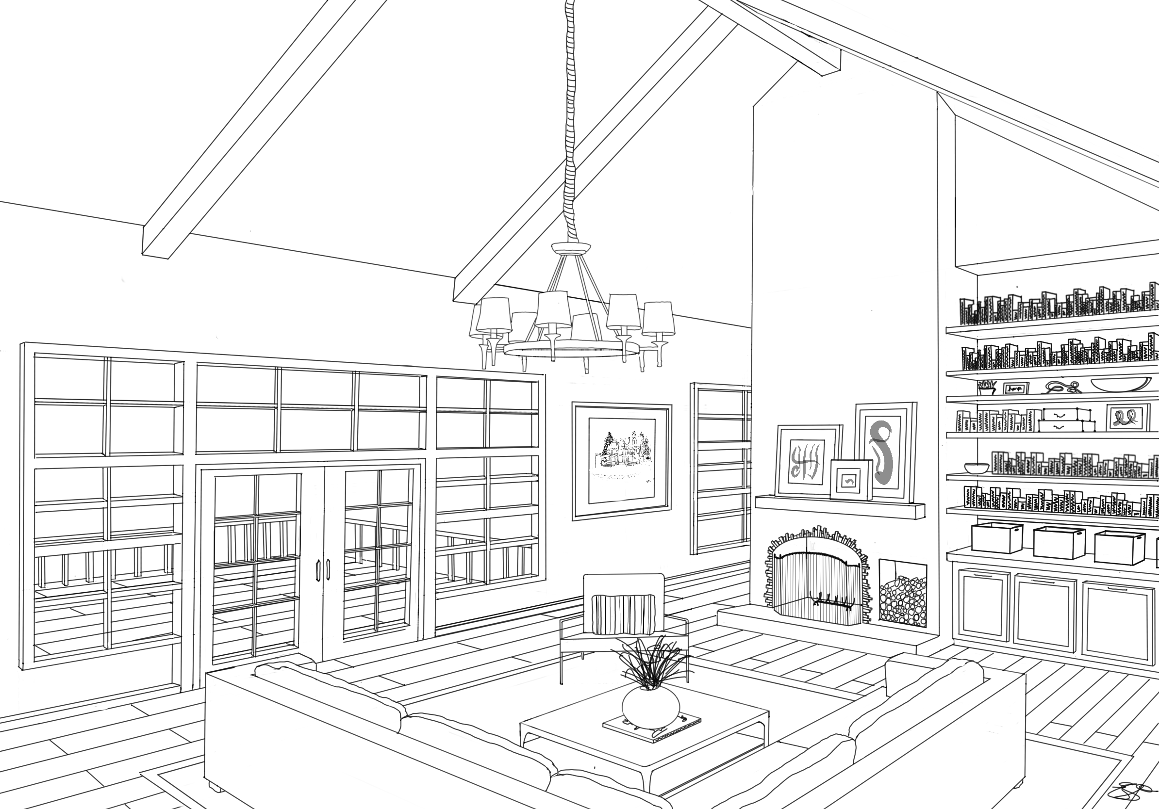 A digital illustration of a green kitchen with black coutner tops